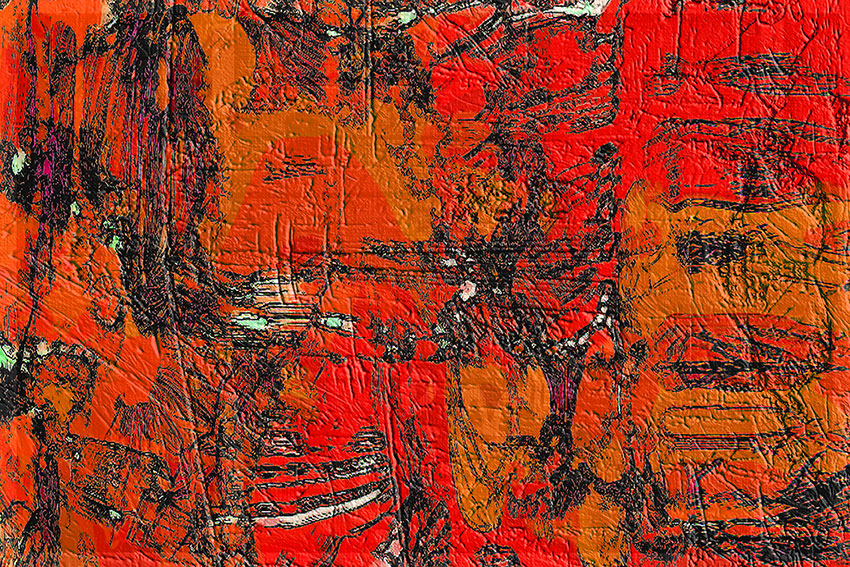Abstract where red and orange predominate with emphasis on texture from paint build up with different brushes, as well as rough scratches and indents.