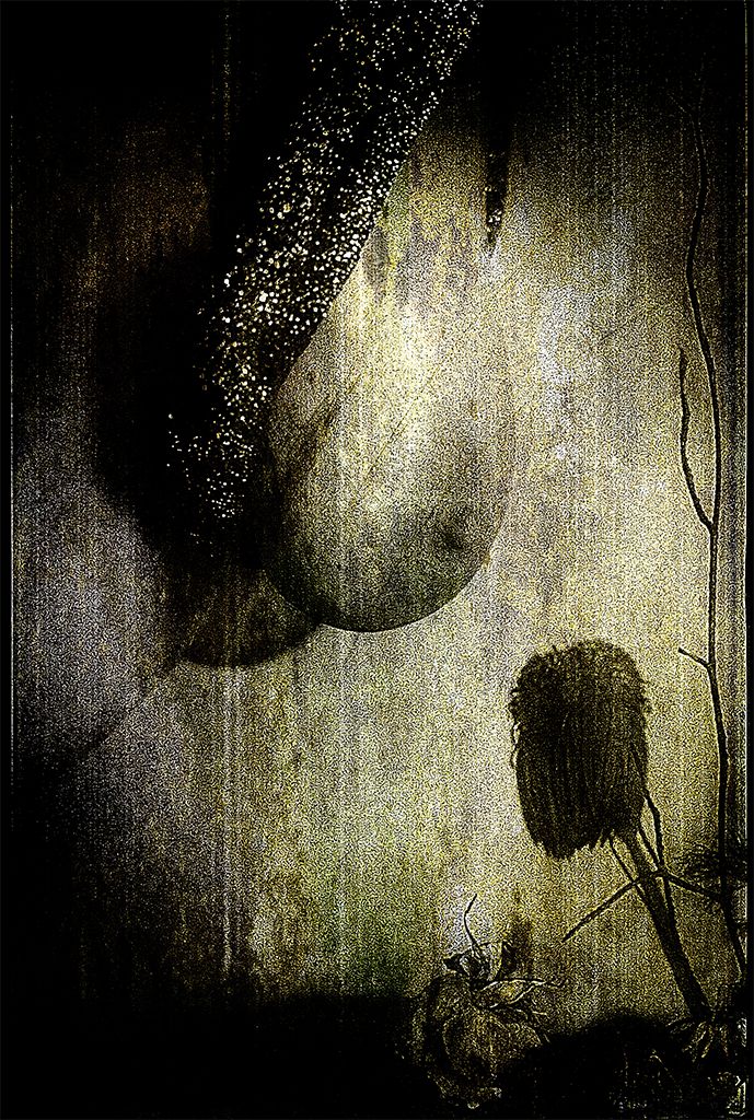 Wither in Gold by Artist Gottfried Berlin. Erotic withering, decay, flower, breast
