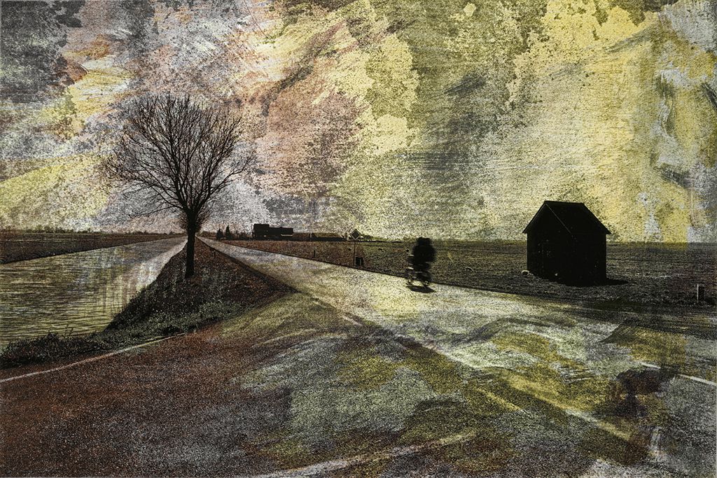 Twilight Ride / Fahrt ins Zwielicht by fine artist Gottfried, Berlin - painterly,landscape,muted colors,subdued,nature,cycle,bicycle,twilight,ethereal,atmospheric, peaceful,hidden,hidden imagery,imagery,contemplative