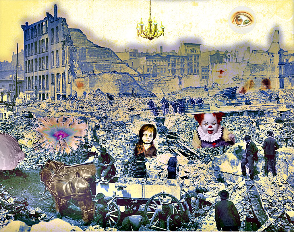 Desolated Chaos - A fine art, surreal collage containing elements of chaos, faces, figures, eyes, symbols, humanity, despair